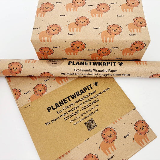 Kraft recycled wrapping paper in Lion design (brown background with orange lions and text reading 'Rawr!')