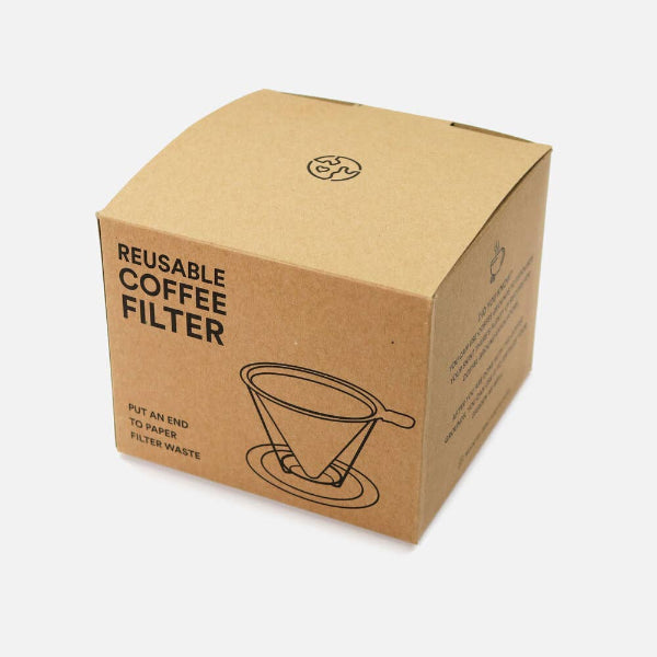 Cardboard box containing stainless steel reusable coffee filter packaging on a white background