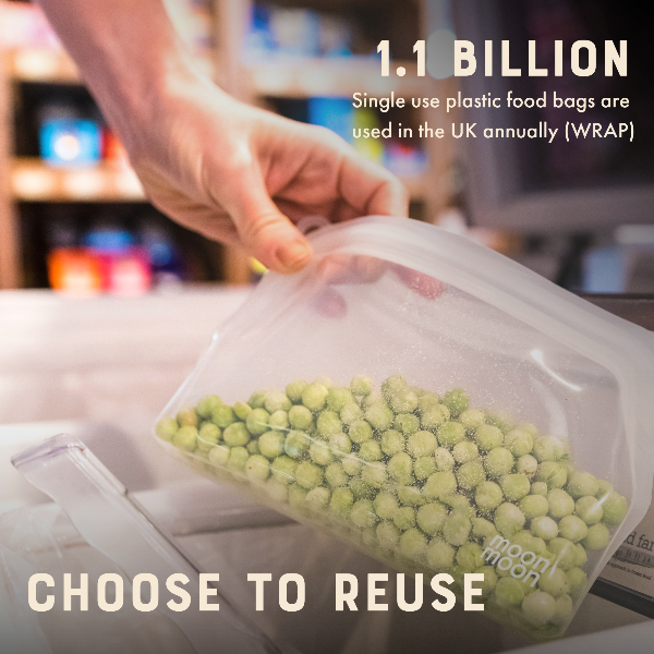 Person holding silicone food pouch with peas, with text about single-use plastic bags in the UK.