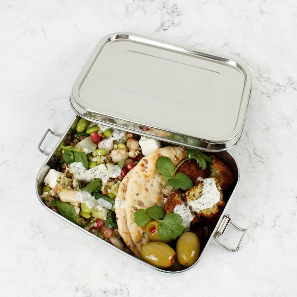 Adoni stainless steel lunchbox with lid with falafels, pitta, olives and feta inside