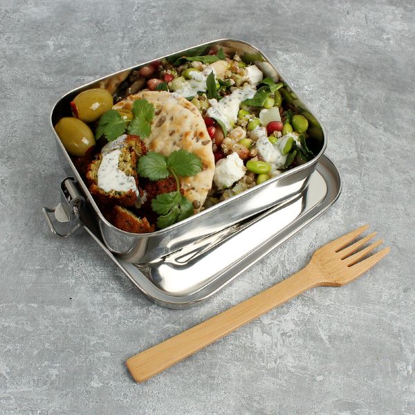 Adoni stainless steel lunchbox with food inside and bamboo fork