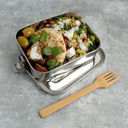 Adoni stainless steel lunchbox with food inside and bamboo fork