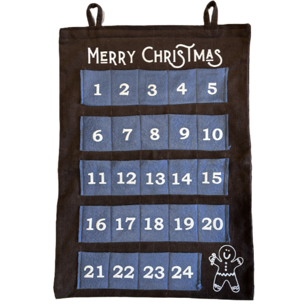 Handmade advent calendar with blue numbered felt boxes
