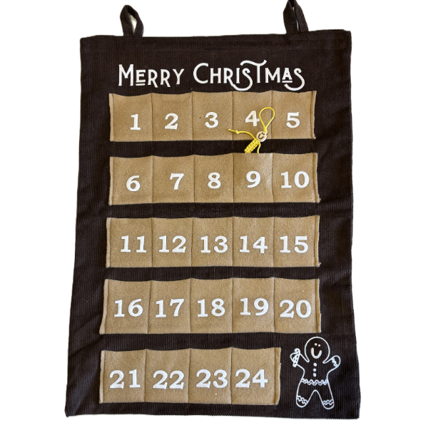 Handmade advent calendar with beige numbered felt boxes