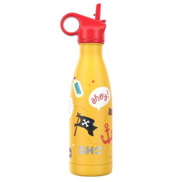 Kid's insulated bottle from SHO in Ahoy Adventure (yellow/orange background with pirate skull and crossbones, anchors) with red straw lid 