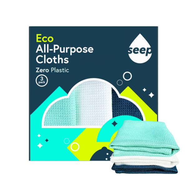 Seep Eco all-purpose cloths packaging with cloths alongside on a white background