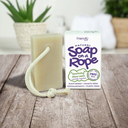 Friendly Soap soap on a rope in soothing aloe vera shown alongside cardboard box