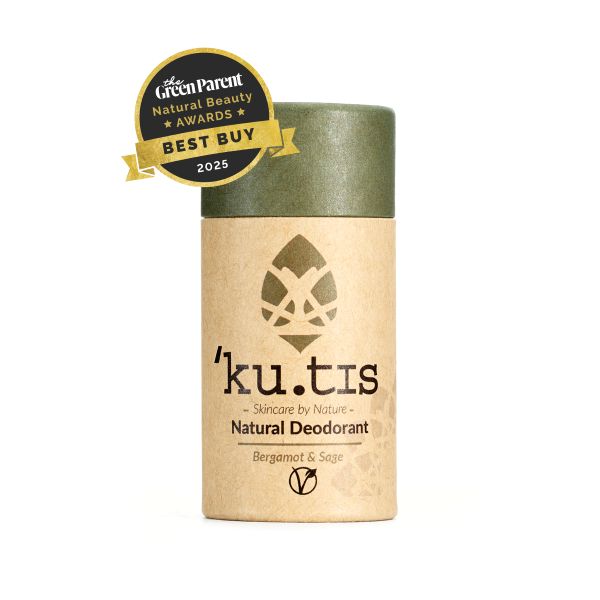 Kutis natural eco-friendly vegan deodorant Bergamot and sage with Green Parent natural beauty awards 2025 best buy logo