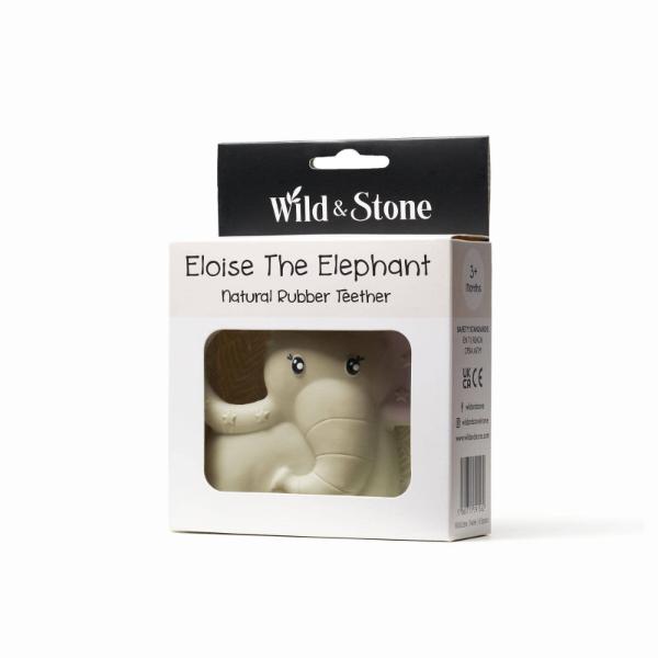 Wild & Stone Eloise The Elephant natural rubber teether in its original white and black retail packaging, showing the elephant teether inside.