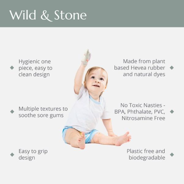 Baby sitting on a white background with text about Wild & Stone baby teether