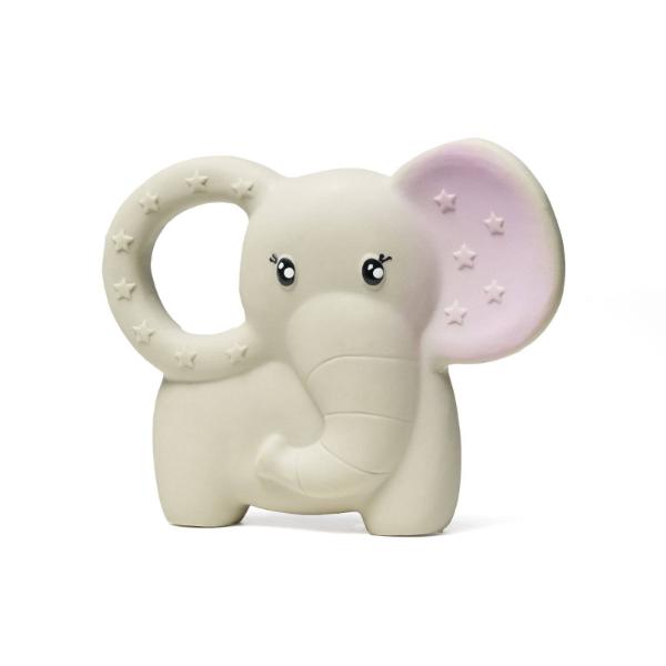 An elephant-shaped baby teether in a warm off-white colour, featuring a ring handle decorated with embossed stars, a smiling face, and a pink inner ear with embossed stars, set against a plain white background.