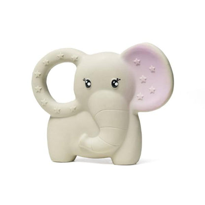 An elephant-shaped baby teether in a warm off-white colour, featuring a ring handle decorated with embossed stars, a smiling face, and a pink inner ear with embossed stars, set against a plain white background.