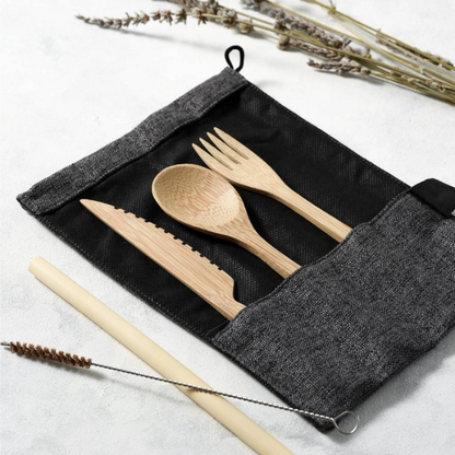 Wooden cutlery in dark pouch showing cutlery, straw and straw cleaner