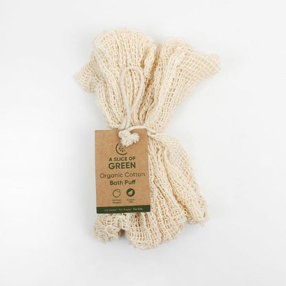 Organic cotton bath puff shown with paper label