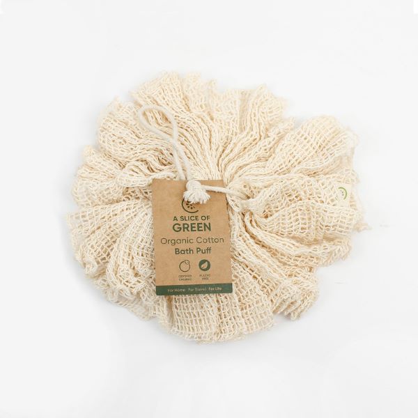 Organic cotton bath puff shown with paper label