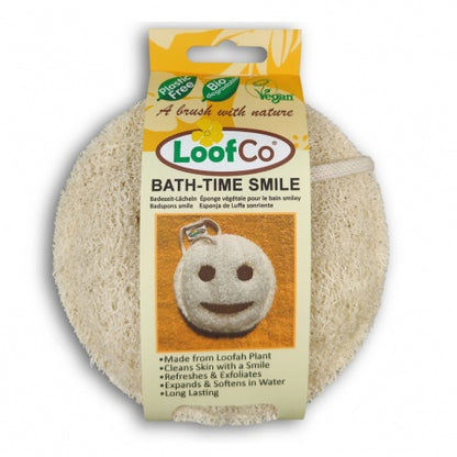 LoofCo bath-time smile loofah scrubber with packaging on a white background