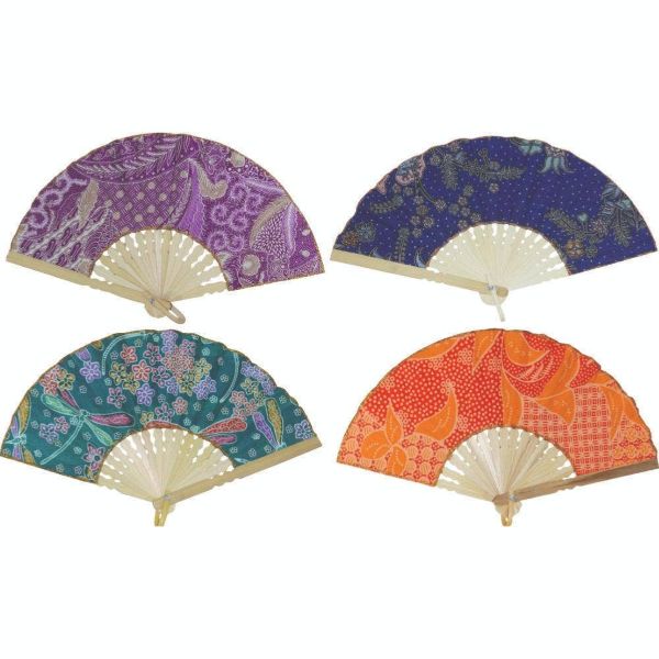 Assorted cotton and wood folding fans (purple, blue, teal and orange colourways)