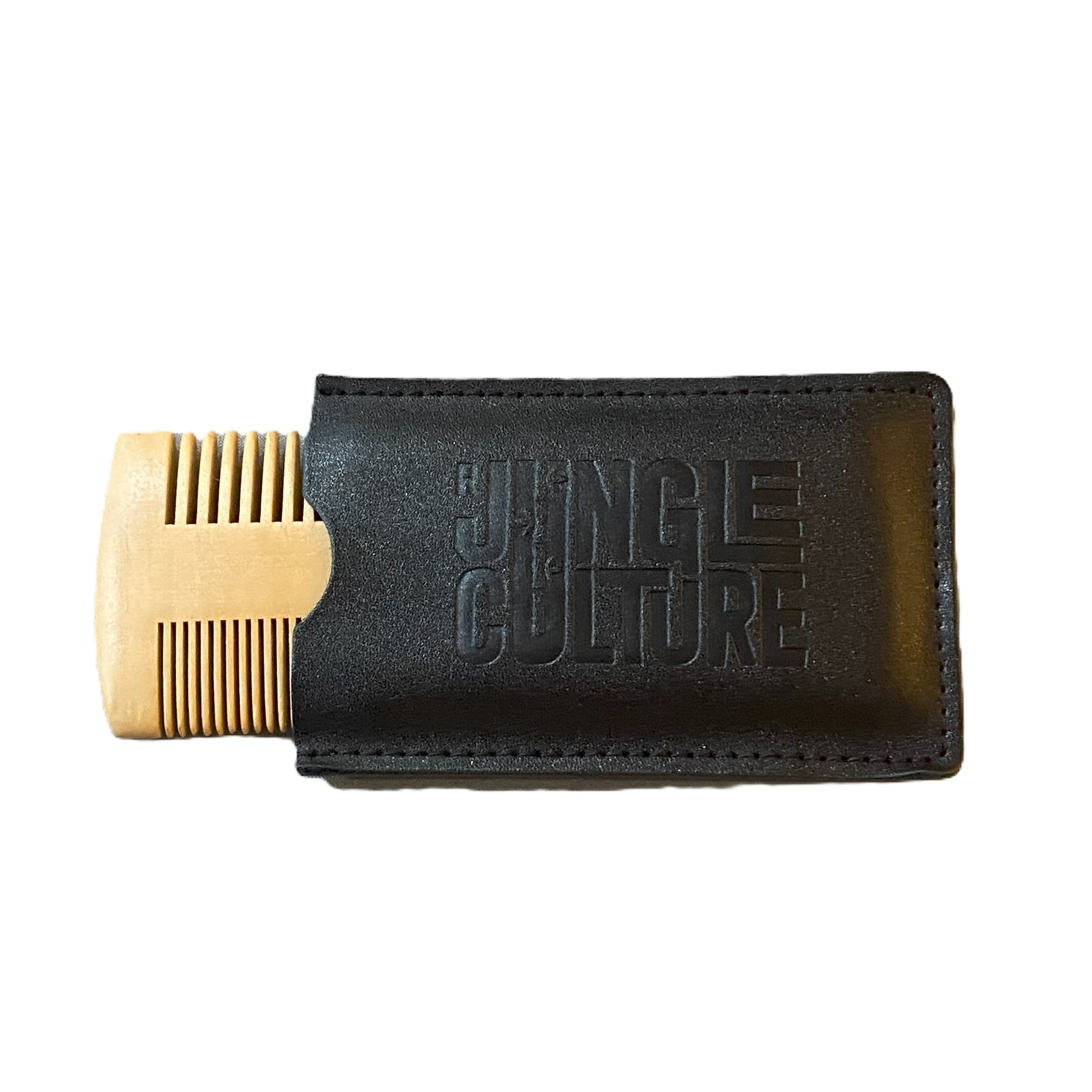 Bamboo beard comb shown peaking out of black vegan leather travel pouch with 'Jungle Culture' detail
