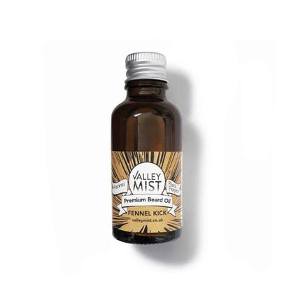 Valley Mist beard oil in amber glass bottle with metal cap in Fennel Kick fragrance