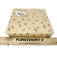 Eco-friendly recyclable wrapping paper in bees design (brown paper with little bees flying around) shown as a wrapped parcel