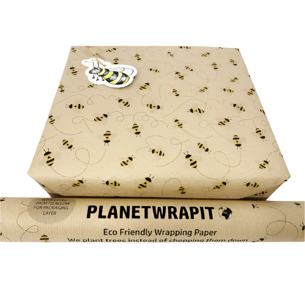 Eco-friendly recyclable wrapping paper in bees design (brown paper with little bees flying around) shown as a wrapped parcel