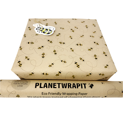 Eco-friendly recyclable wrapping paper in bees design (brown paper with little bees flying around) shown as a wrapped parcel