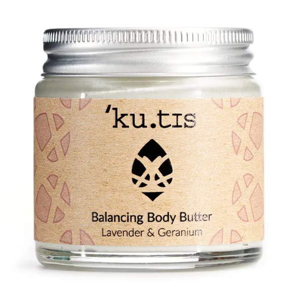 Jar of Kutis balancing body butter in Lavender and Geranium on a white background