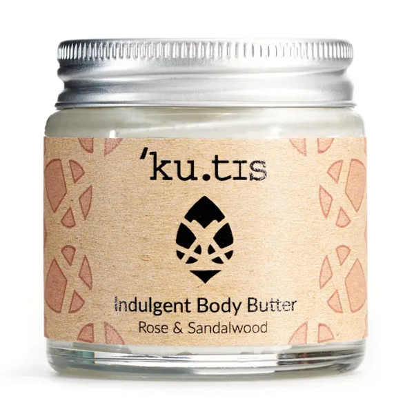 Jar of Kutis indulgent body butter in Rose and Sandalwood on a white background