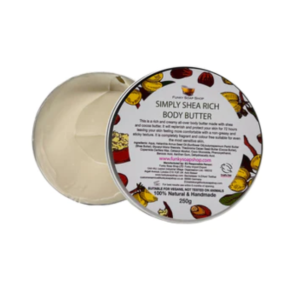 Eco-friendly vegan body butter in aluminium tin, shown open with cream inside. Simply shea.