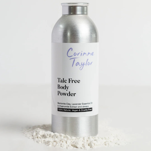 Corinne Taylor natural talc-free body powder in aluminium tin with powder alongside