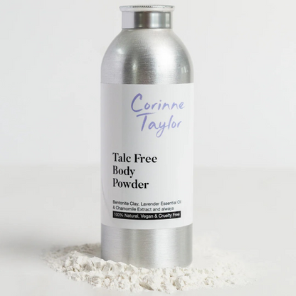 Corinne Taylor natural talc-free body powder in aluminium tin with powder alongside