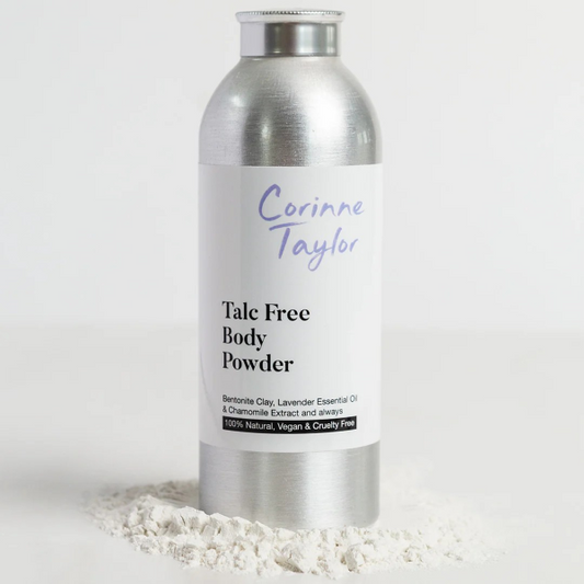 Corinne Taylor natural talc-free body powder in aluminium tin with powder alongside