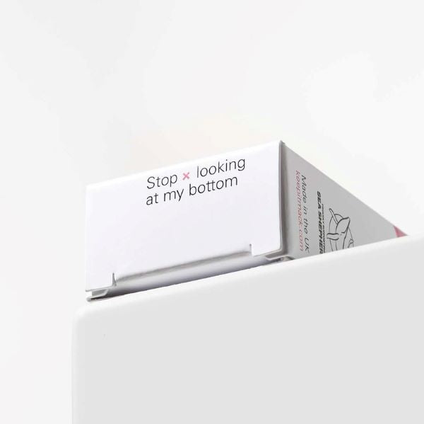 Mack cleaning pod packaging showing bottom of box and the words "Stop looking at my bottom"