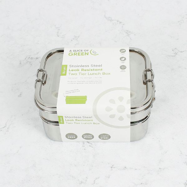 Buruni two-tier leak-resistant stainless steel lunchbox shown with paper label