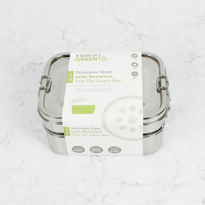 Buruni two-tier leak-resistant stainless steel lunchbox shown with paper label