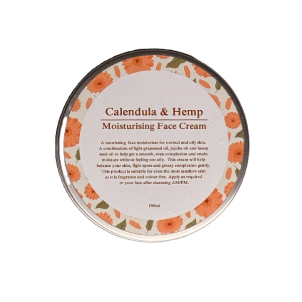 A round metal tin of Calendula & Hemp Moisturising Face Cream, featuring a white label decorated with orange calendula flowers and green leaves, on a plain white background.