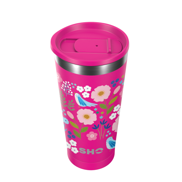 SHO Calix cup in Fuscia (a bright fuschia background with multicoloured  flowers and birds)