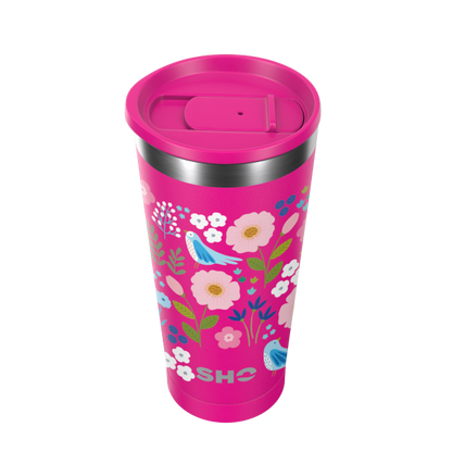 SHO Calix cup in Fuscia (a bright fuschia background with multicoloured  flowers and birds)