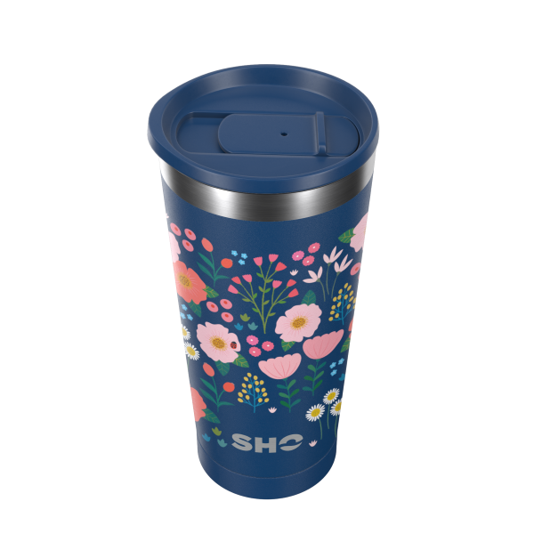 SHO Calix cup in Blush (a dark blue background with multicoloured  flowers )