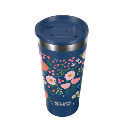 SHO Calix cup in Blush (a dark blue background with multicoloured  flowers )