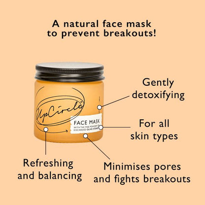 UpCircle face mask in glass jar shown with  product info alongside ("Natural face mask to prevent breakouts! Gently detoxifying, for all skin types, minimises pores and fights breakouts, refreshing and balancing")