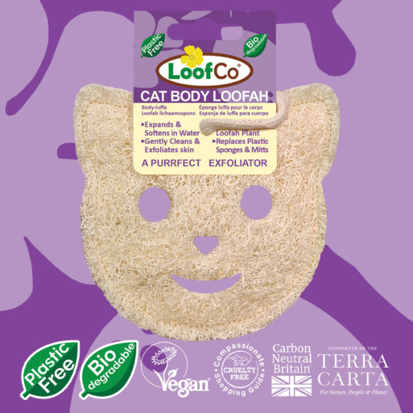 LoofCo Cat Body Loofah exfoliating sponge in the shape of a cat face, shown with its header card on a purple background with product badges at the bottom.
