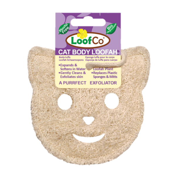 LoofCo Cat Body Loofah in a cat shape, packaged with a purple and cream header card. 
