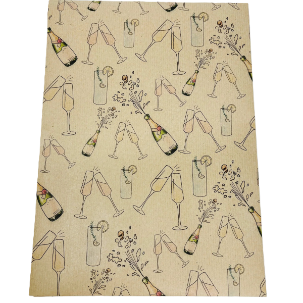 Handmade recycled wrapping paper (kraft brown paper background with hand-drawn style glasses and champagne bottles)