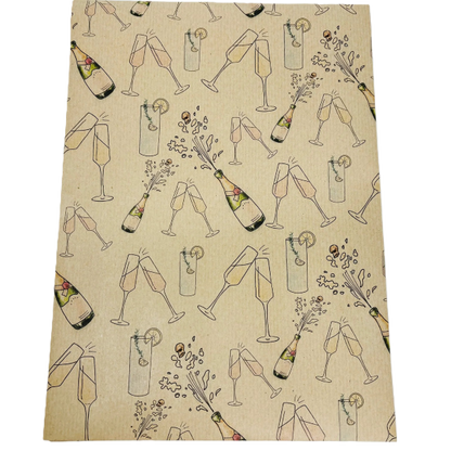 Handmade recycled wrapping paper (kraft brown paper background with hand-drawn style glasses and champagne bottles)