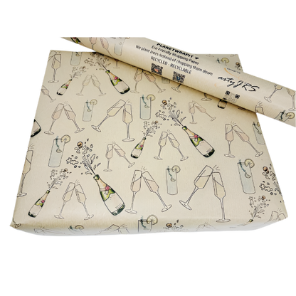 Handmade recycled wrapping paper (kraft brown paper background with hand-drawn style glasses and champagne bottles)