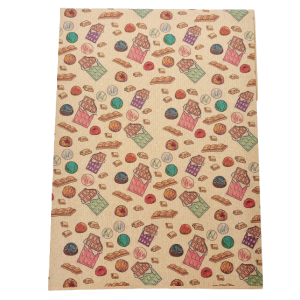 Handmade recycled wrapping paper in Chocolates designs (brown kraft paper with and-drawn style colourful chocolate bars and pieces of chocolate)