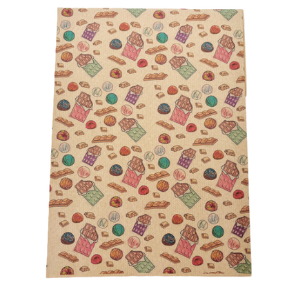 Handmade recycled wrapping paper in Chocolates designs (brown kraft paper with and-drawn style colourful chocolate bars and pieces of chocolate)