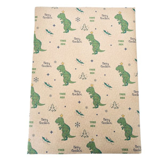 Handmade recycled Christmas wrapping paper in Christmas tree-Rex design (brown kraft paper with handdrawn-style t-rex dinosaurs and Christmas trees)