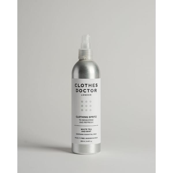 Clothes Doctor Clothing Spritz in an aluminium bottle with spray top on a grey background